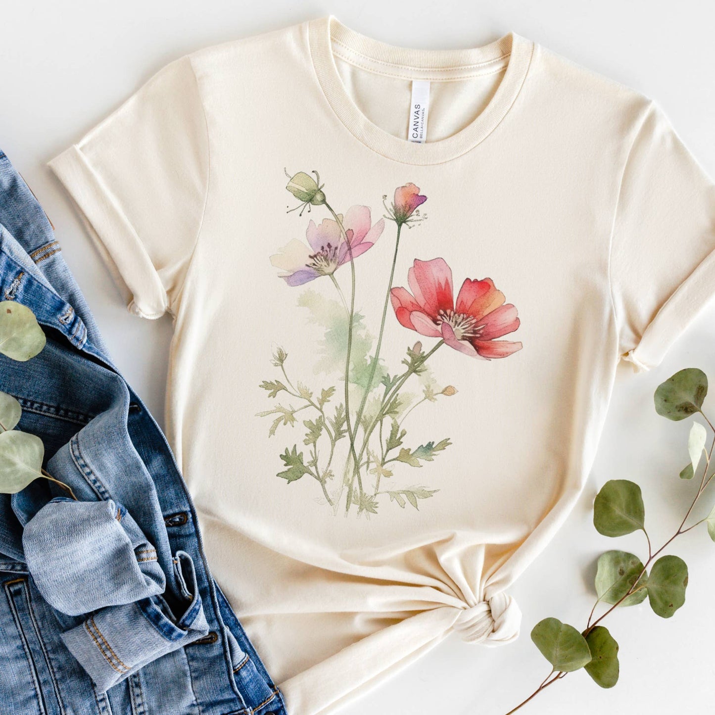 Flower Spring Watercolor Floral Wildflower Graphic Tee 6: Beige / Med Unisex