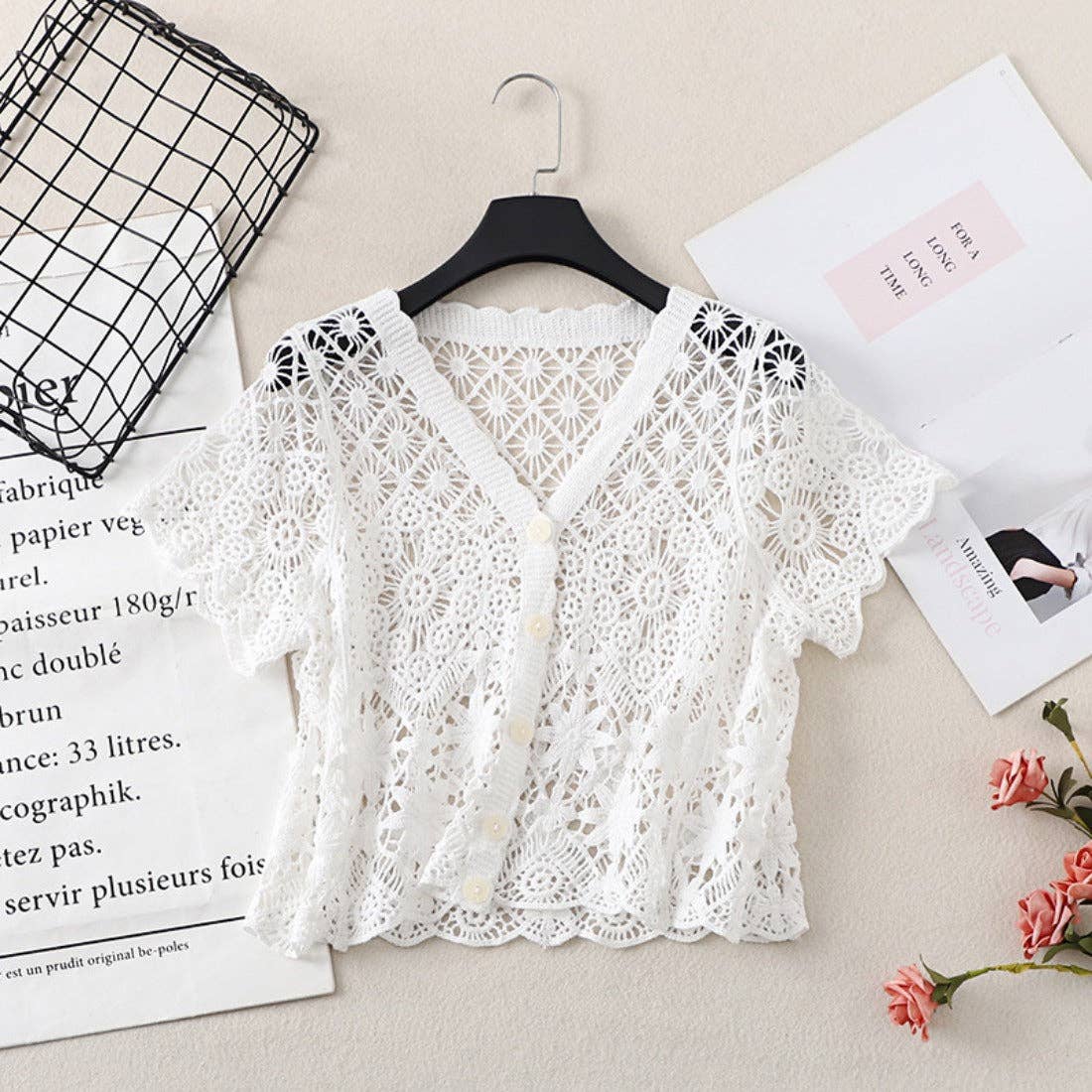Crosa - Crochet Hollow-Out Short-Sleeve Cardigan: BEIGE / AVERAGE