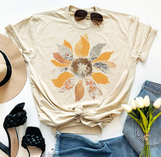 Grunge Sunflower Summer FLower Floral yellow t Graphic tee: Sand / Med Unisex