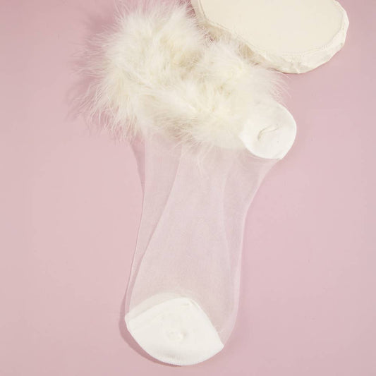 Sheer Mesh Ankle Socks With Feather Cuff Trim: IV