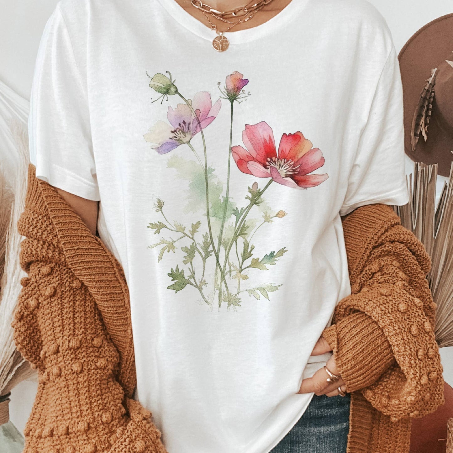 Flower Spring Watercolor Floral Wildflower Graphic Tee 6: Beige / Med Unisex