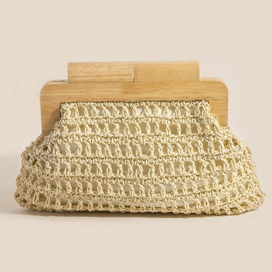 Straw Braided Wooden Top Frame Clutch Bag: IV