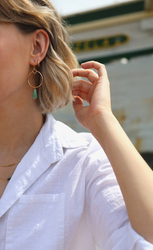 Blakely Earrings Aventurine ~ Gold Plated Circle Hoop Dangle