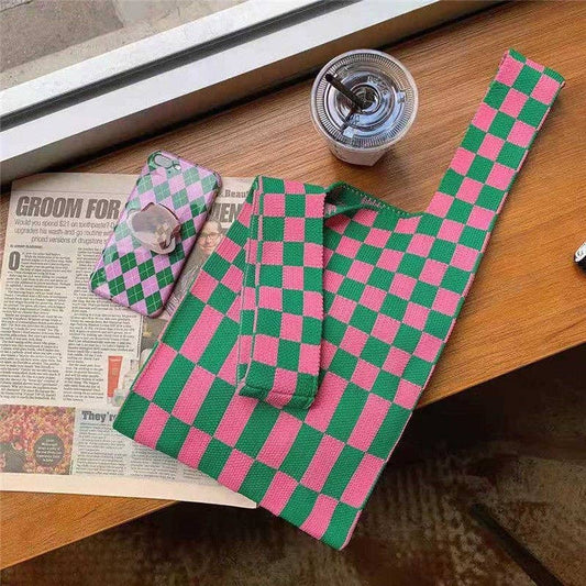 Trendy Color-Block Striped Checkered Knit Shopping Bag: PINK