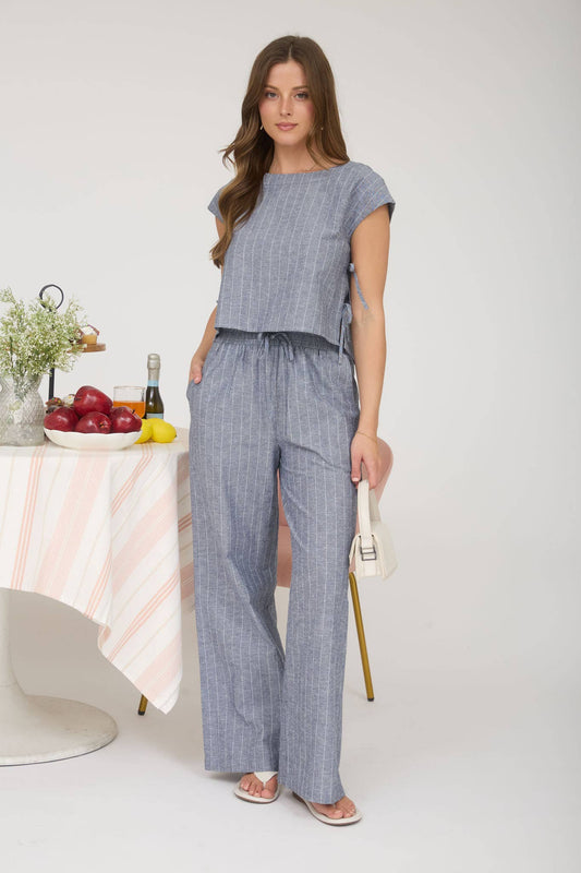 STRIPE LINEN DRAWSTRING LOUNGE PANTS : NAVY