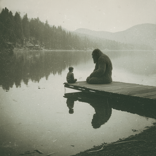 Bigfoot on Dock Having a Heart-to-Heart Talk Art Print - 8"x8" Artwork for 12"x12" Frame