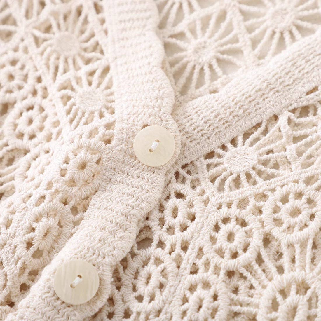 Crosa - Crochet Hollow-Out Short-Sleeve Cardigan: BEIGE / AVERAGE
