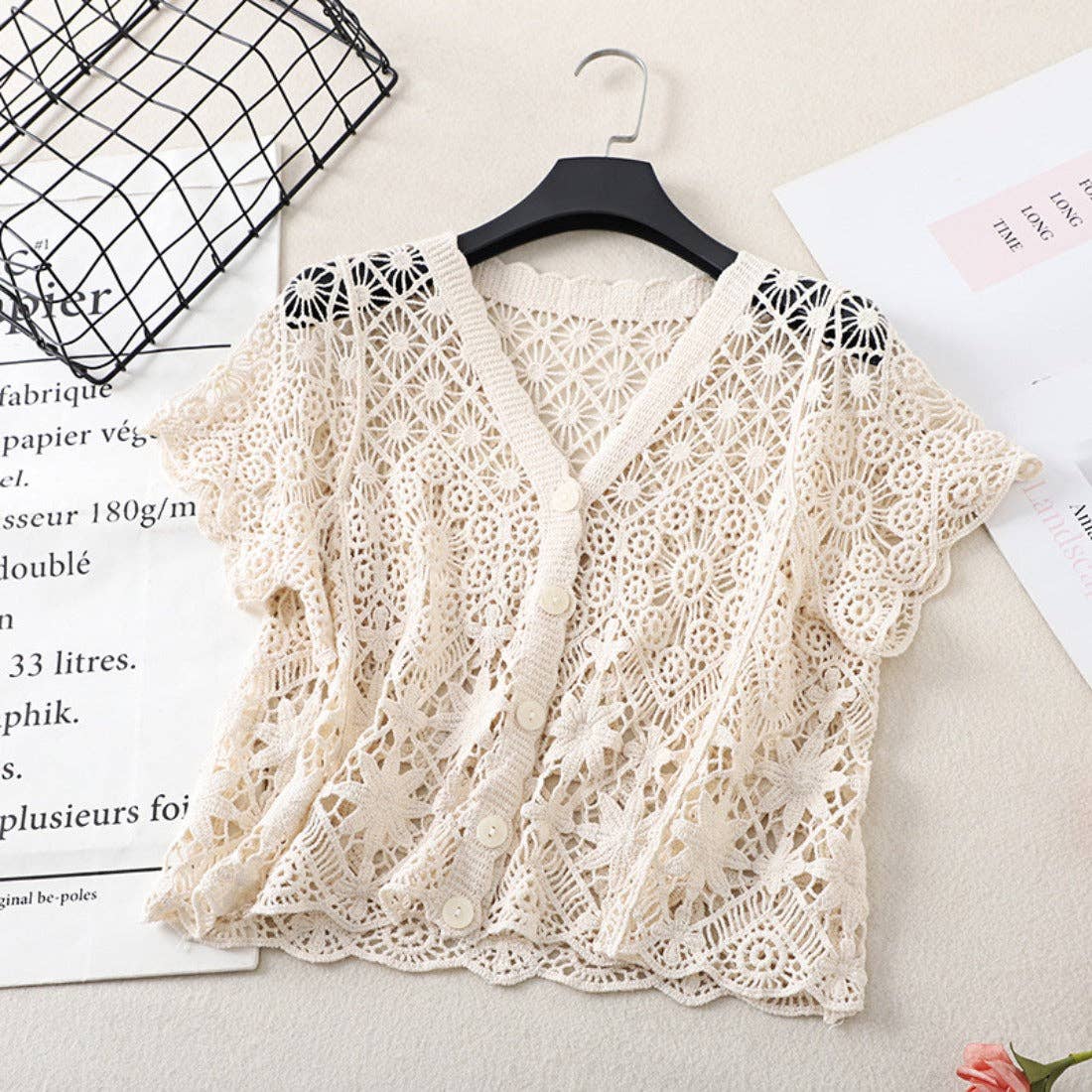 Crosa - Crochet Hollow-Out Short-Sleeve Cardigan: BEIGE / AVERAGE