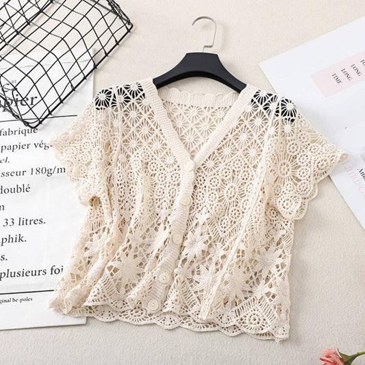 Crosa - Crochet Hollow-Out Short-Sleeve Cardigan: BEIGE / AVERAGE