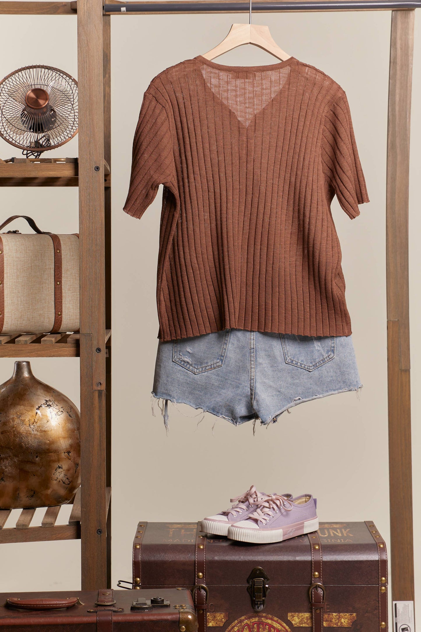 Henley Neck Ribbed Top: Ivory / L