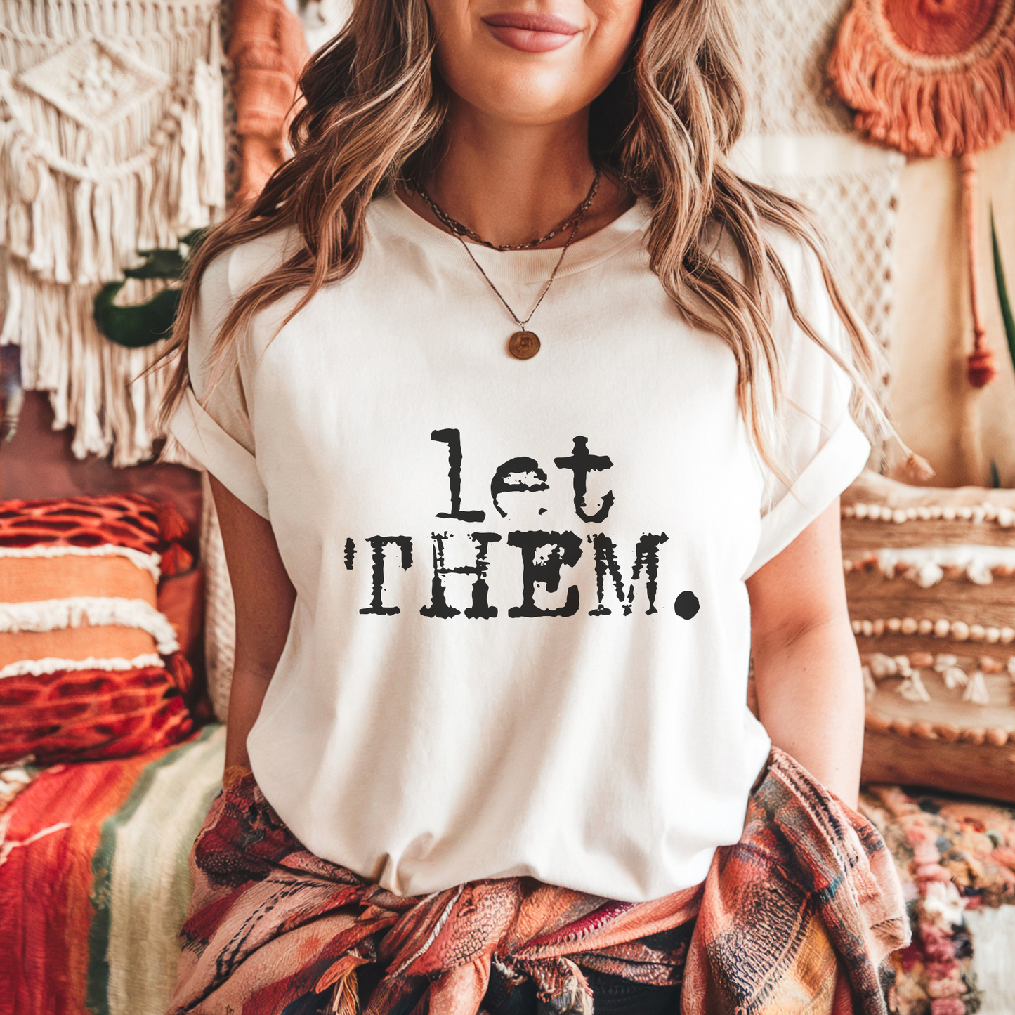 Let Them. Distressed Typography Funny Graphic T-Shirt : Olive / M