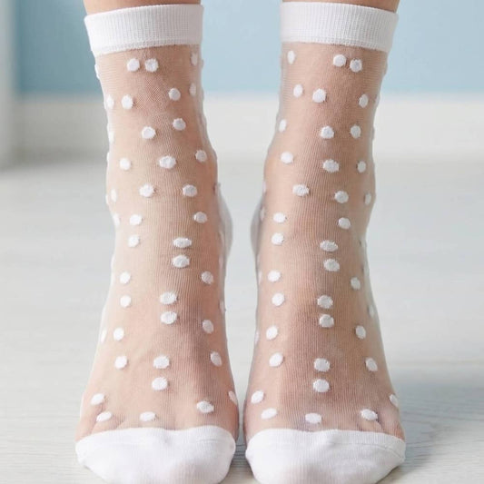 Sheer Polka Dot Rolled Cuff Ankle Socks: WH