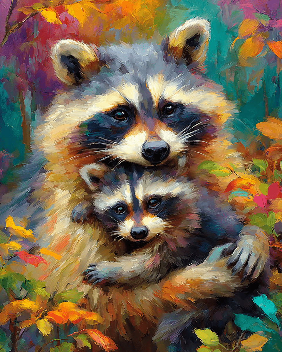 Mom & Baby Raccoon - Animals in Love Art Print - 8"x10" Artwork for 11"x14" Frame