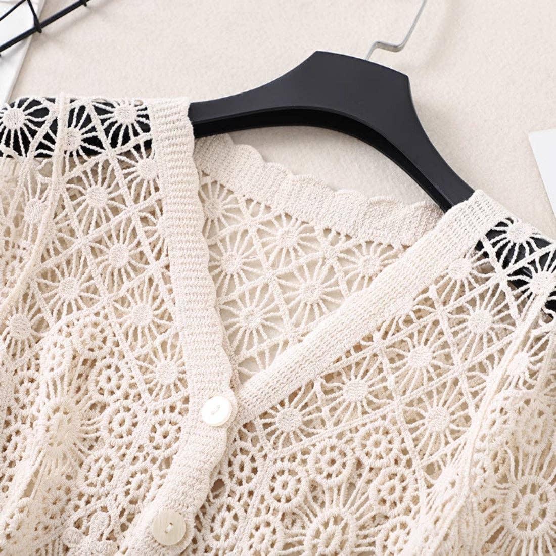 Crosa - Crochet Hollow-Out Short-Sleeve Cardigan: BEIGE / AVERAGE