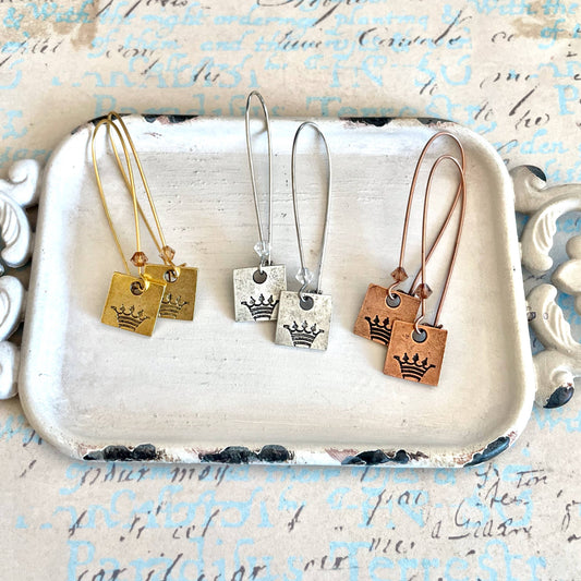 Long crown charm earrings with crystals - reversible: Antique copper