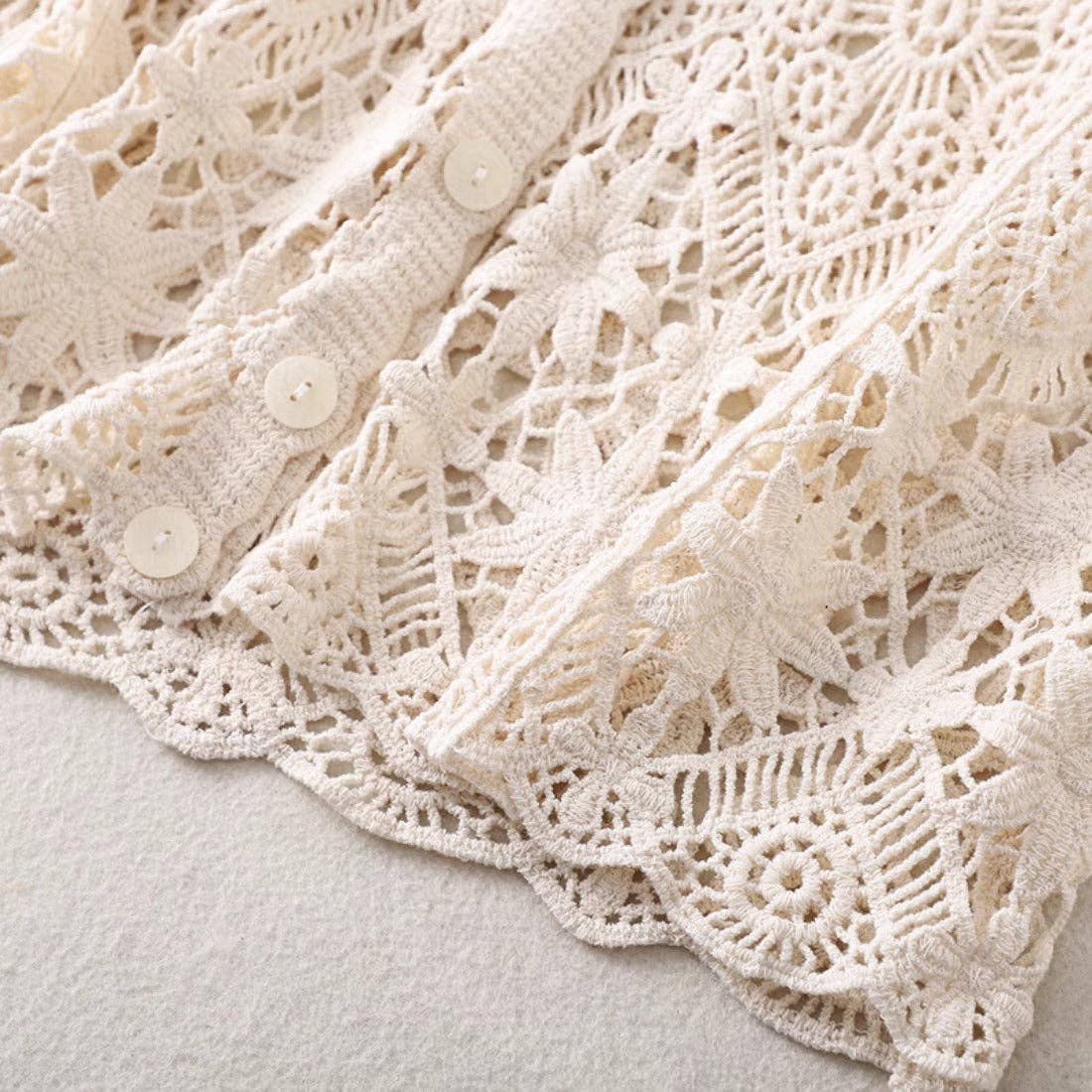 Crosa - Crochet Hollow-Out Short-Sleeve Cardigan: BEIGE / AVERAGE