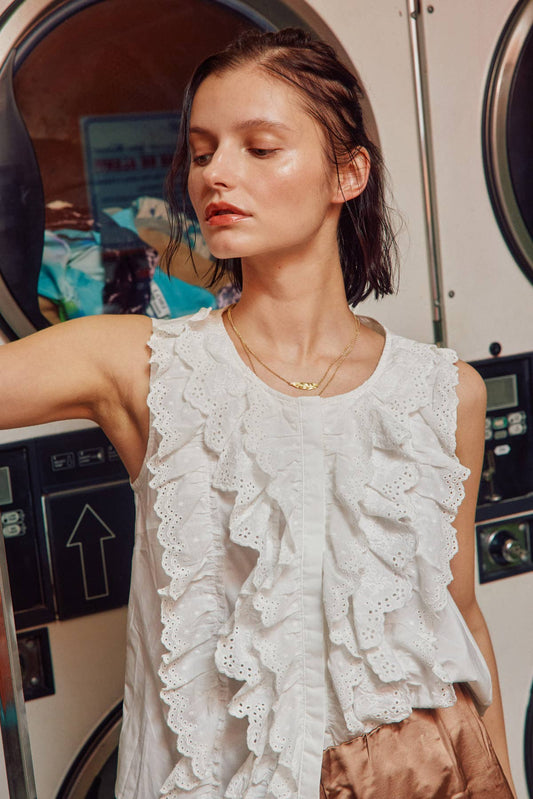 Cotton Lace Trim Button Down Sleeveless Shirts: Daisy / M