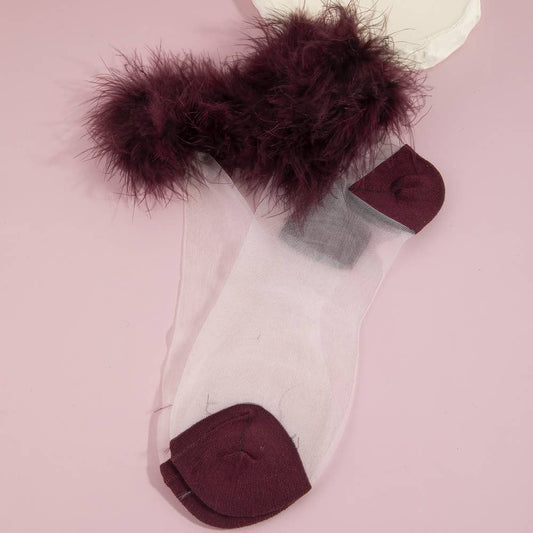Sheer Mesh Ankle Socks With Feather Cuff Trim: BU
