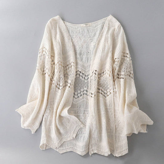 Crosa - Women's Hollow Knit Cardigan: Beige / One Size