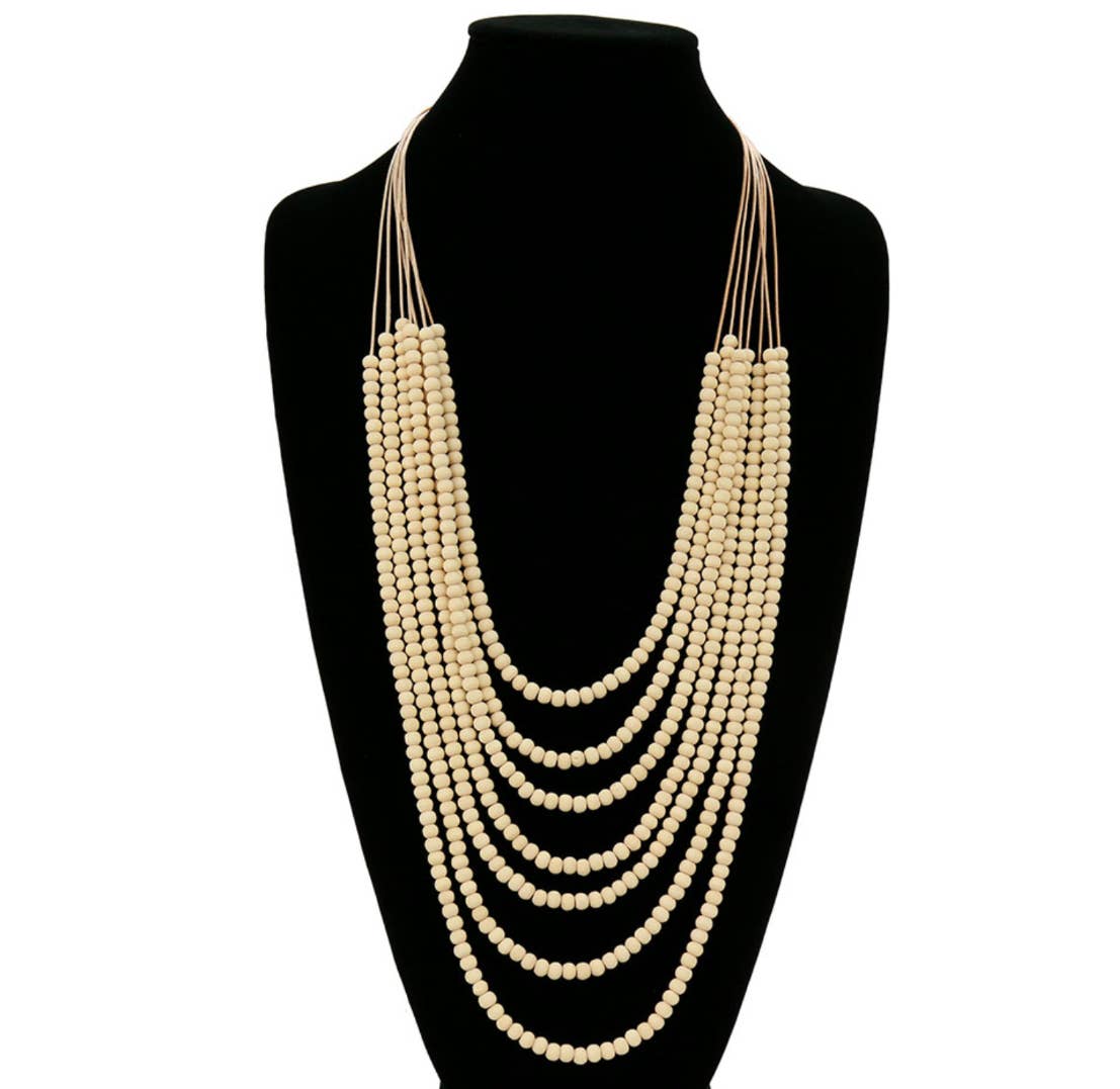 Multi Strand Wood Bead Boho Necklace: PASTEL YELLOW