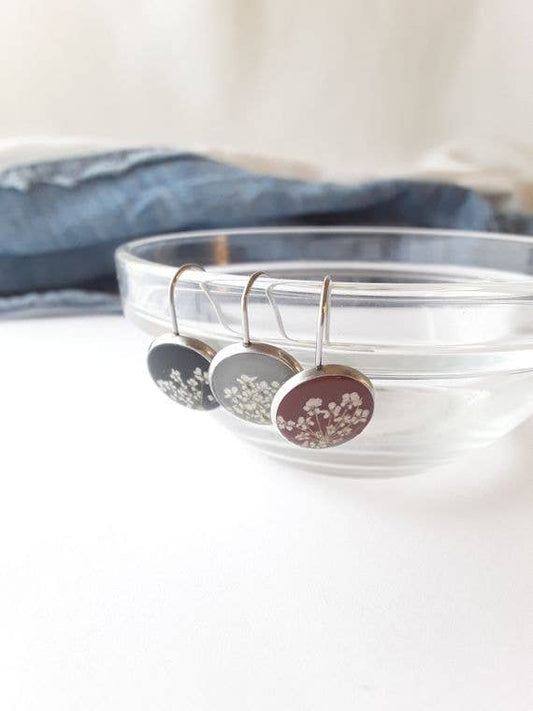 Neutral Colored Real Flower Dangle Earrings: Soft Black