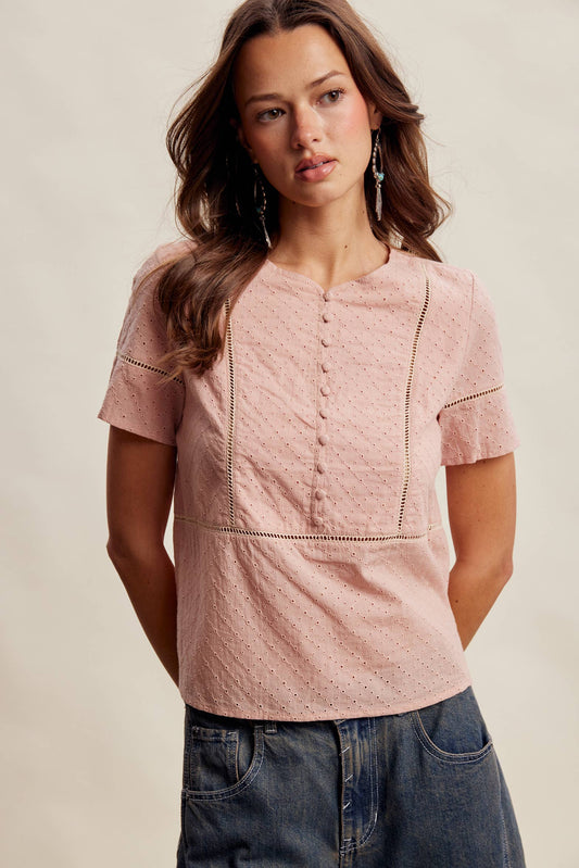 Eyelet Button-Front Short Sleeve Blouse LT0771: Blush / Contemporary / M
