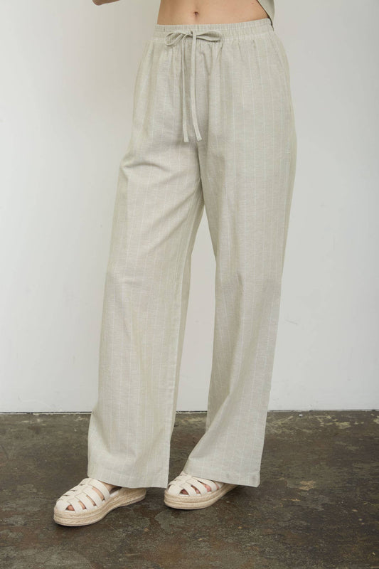 STRIPE LINEN DRAWSTRING LOUNGE PANTS : OLIVE