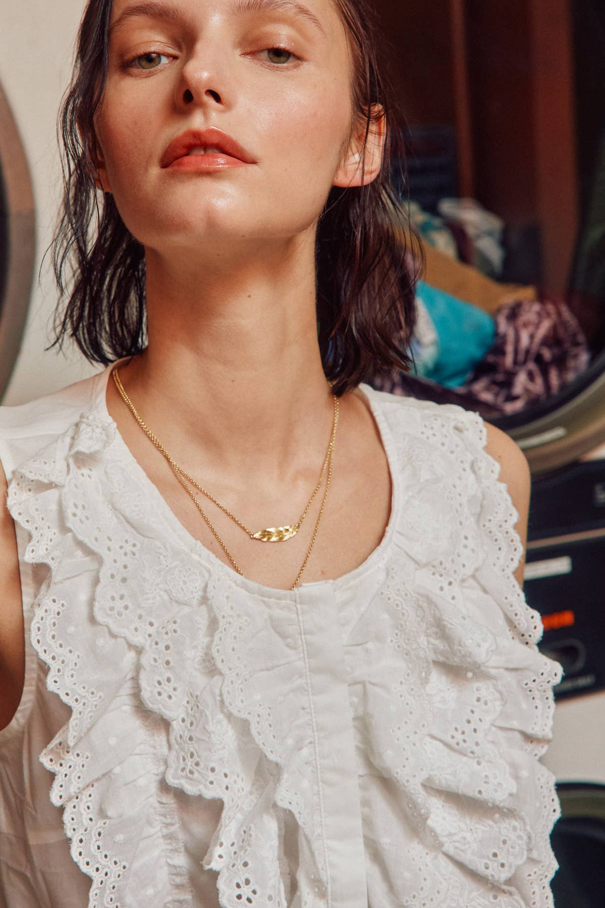 Cotton Lace Trim Button Down Sleeveless Shirts: Daisy / L