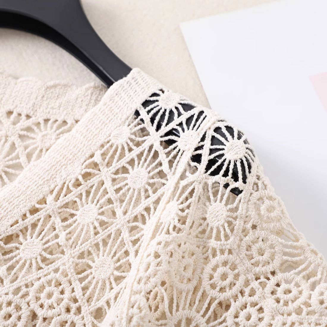 Crosa - Crochet Hollow-Out Short-Sleeve Cardigan: BEIGE / AVERAGE