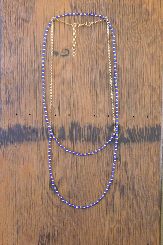 Simple Gold & Bead Chain Necklace: Blue