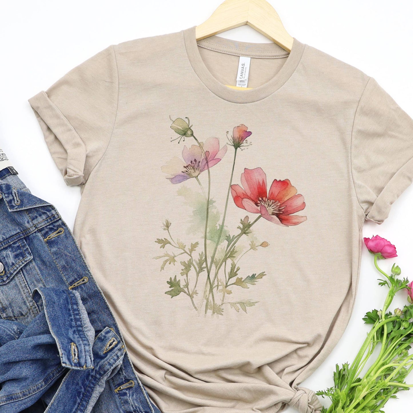 Flower Spring Watercolor Floral Wildflower Graphic Tee 6: Beige / Med Unisex
