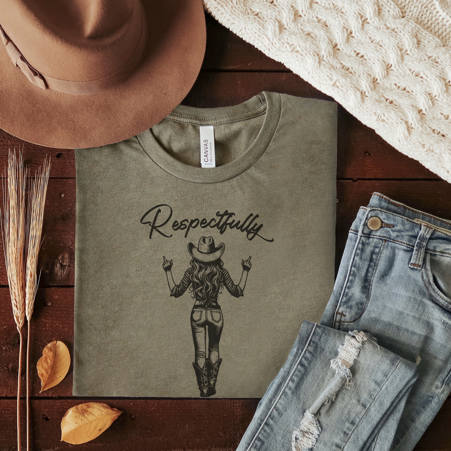 Respectfully Funny Western Cowgirl Graphic T-Shirt: Olive / XLarge