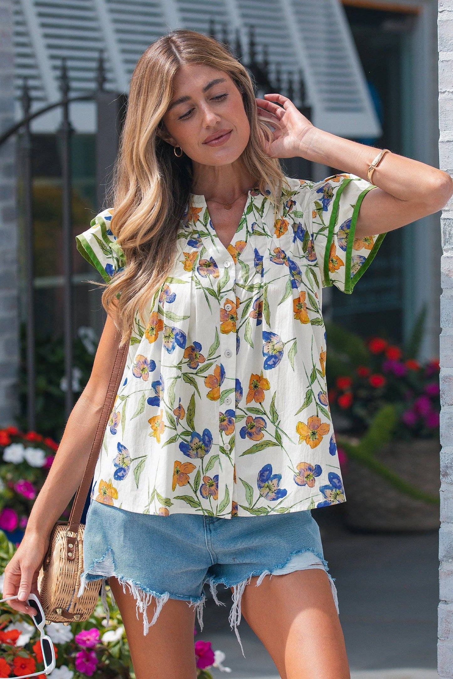 Kaliyah Binding Tape Cotton Blouse: Green / L - 12/14
