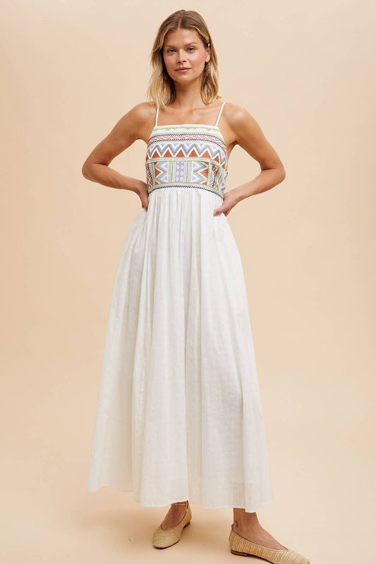 EMBROIDERED COTTON MAXI DRESS: Off-White / M
