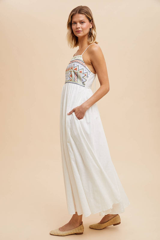 EMBROIDERED COTTON MAXI DRESS: Off-White / S