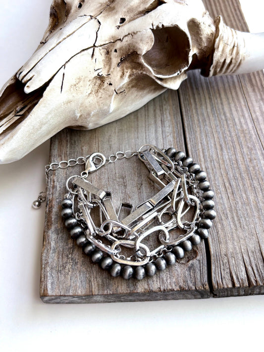 5 Layered Western Chunky Chain & Navajo Style Pearl Bracelet: Silver