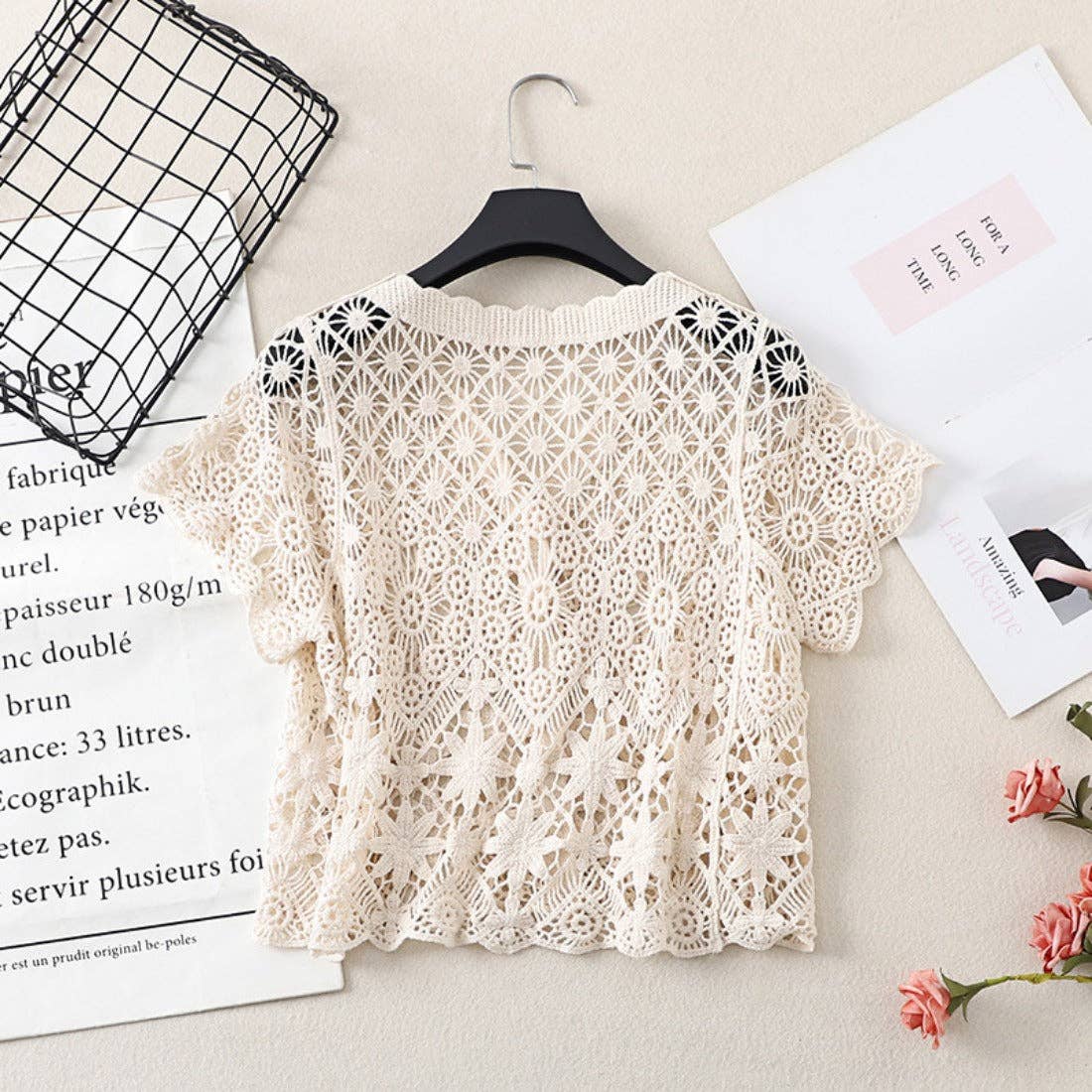Crosa - Crochet Hollow-Out Short-Sleeve Cardigan: BEIGE / AVERAGE