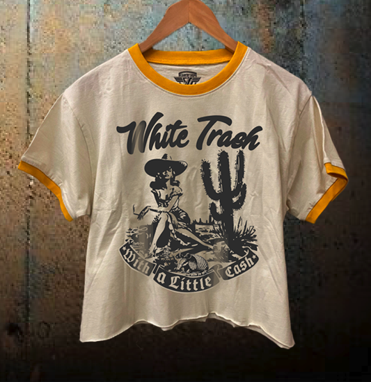 White Trash with a little Cash ringer Relaxed Crop Tee: LargeNatural/Gold