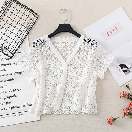 Crosa - Crochet Hollow-Out Short-Sleeve Cardigan: WHITE / AVERAGE