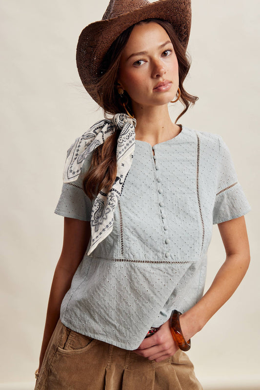 Eyelet Button-Front Short Sleeve Blouse LT0771: Light Blue / Contemporary / L