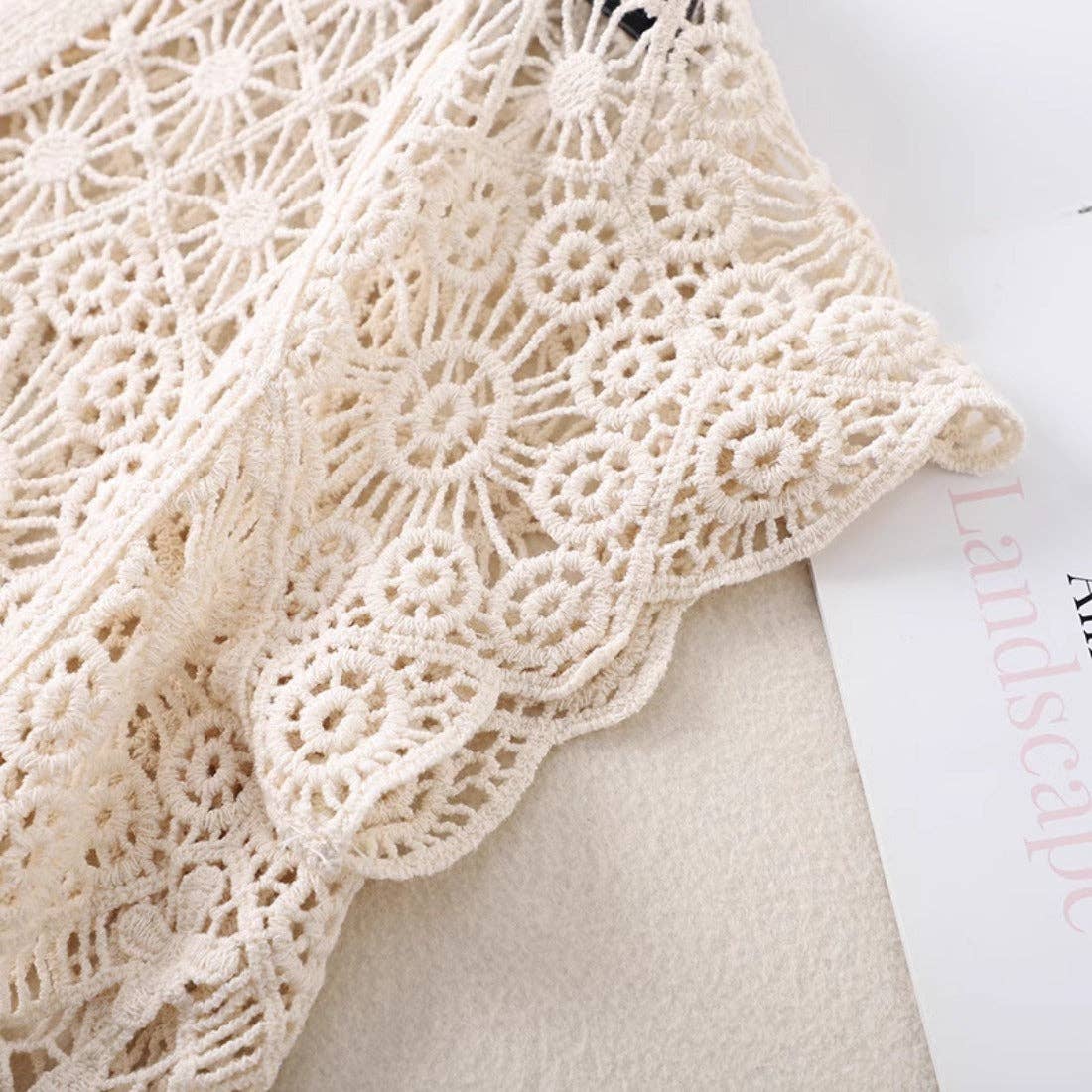 Crosa - Crochet Hollow-Out Short-Sleeve Cardigan: BEIGE / AVERAGE