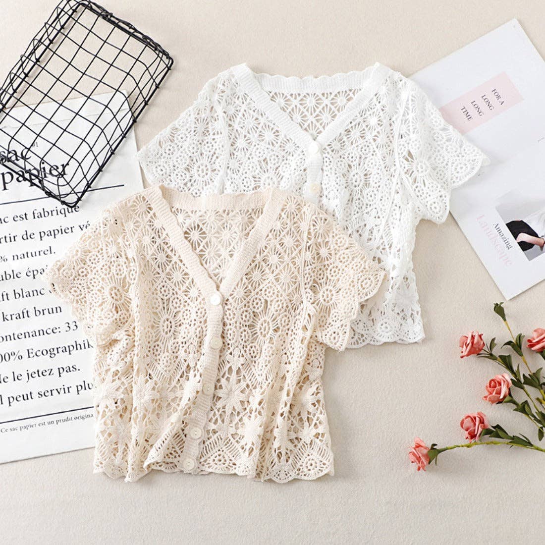 Crosa - Crochet Hollow-Out Short-Sleeve Cardigan: BEIGE / AVERAGE