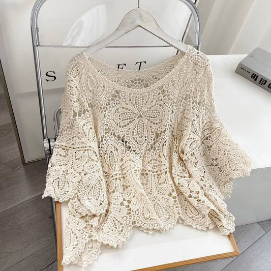 Crosa - Crochet Hollow-Out Pullover Top: BEIGE / AVERAGE